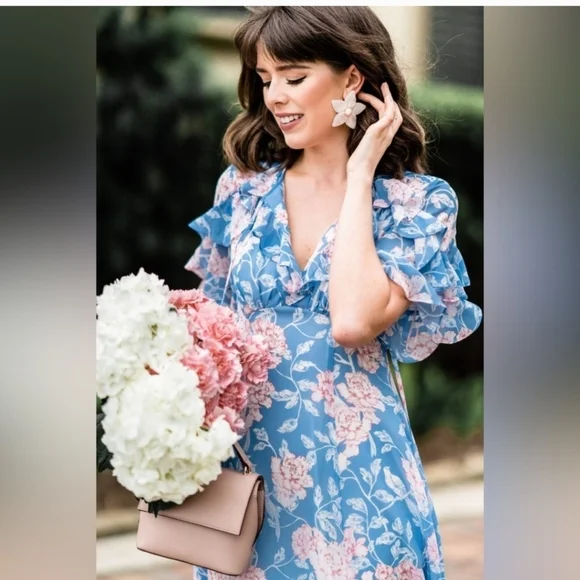 Gal Meets Glam Maxi Blue Pink Floral Shelby Dress Tie Neck Size 4 - Picture 4 of 10